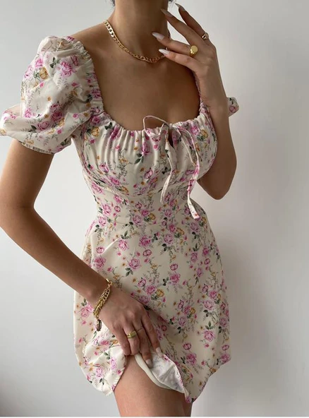 Kadın Çiçekli Kare Yaka Cuddly Elbise - 6
