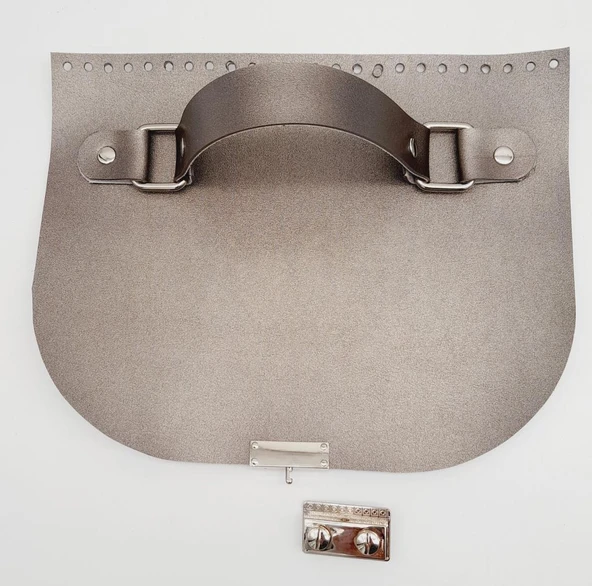 Çanta Aksesuar Tek Kat Suni Deri Tutma Saplı Parlak Gri 24x19 Cm Kapak Gümüş Metalli - Resim 2