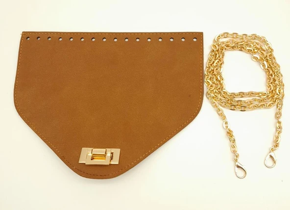 Çanta Aksesuar Taba Renk Nubuk Süet 22.5x17 cm Kapaklı 120 cm Zincirli Çanta Seti