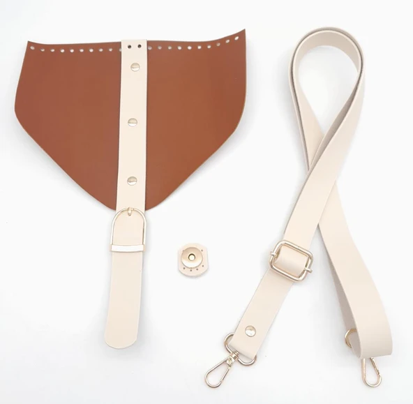 Çanta Aksesuar Taba Renk Krem Şeritli Suni Deri Çanta Seti Light Gold Metalli ürün görseli 1