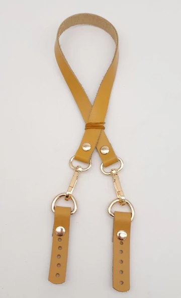 Çanta Aksesuar Hardal Renk 60x1.5 cm Gerçek Deri Çanta Sapı Light Gold Metalli - 3