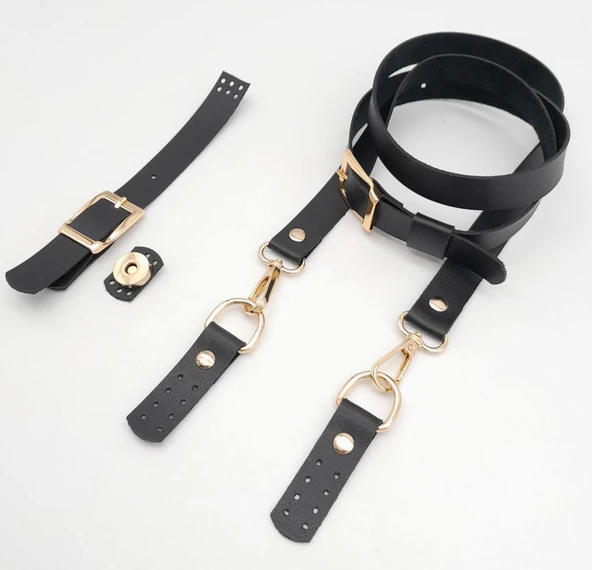 Çanta Aksesuar Siyah Tek Kat Suni Deri Çanta Seti Light Gold Metalli - Resim 3