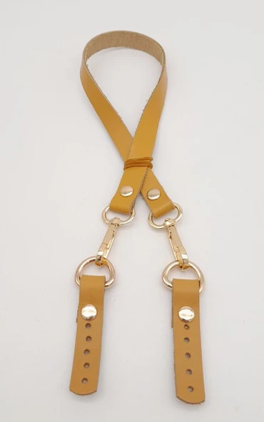 Çanta Aksesuar Hardal Renk 60x1.5 cm Gerçek Deri Çanta Sapı Light Gold Metalli