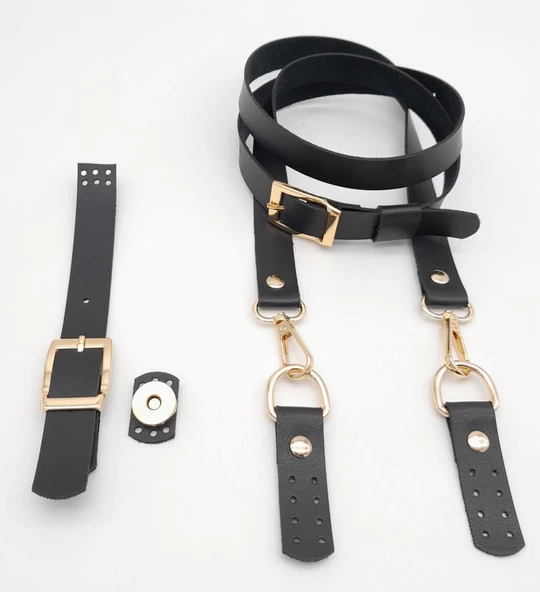 Çanta Aksesuar Siyah Tek Kat Suni Deri Çanta Seti Light Gold Metalli - Resim 2