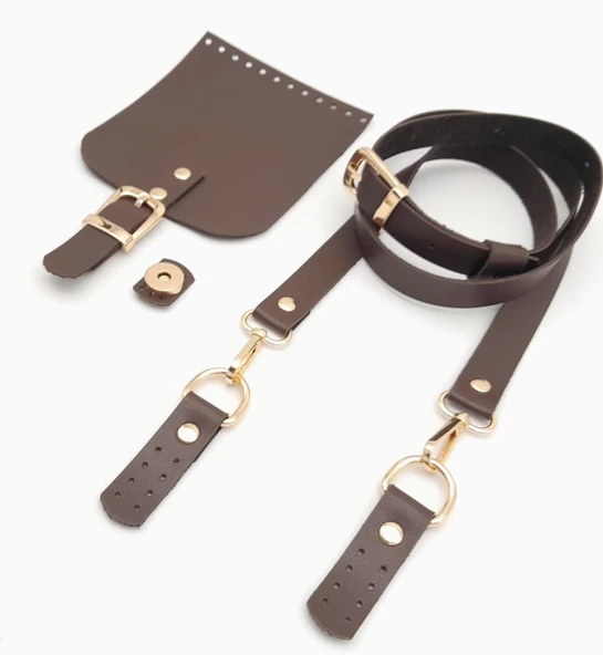 Çanta Aksesuar Kahverengi Tek Kat Suni Deri 130x2 cm Ayarlı Saplı Çanta Seti Light Gold Metalli - Resim 3