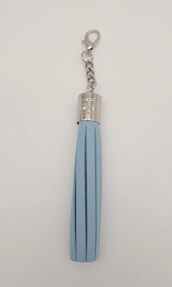 Çanta Aksesuar Mavi Suni Deri Kovanlı Püskül Gümüş Metalli