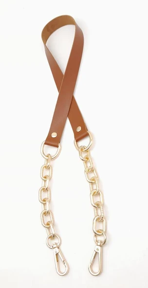 Çanta Aksesuar Taba Tek Kat Suni Deri Zincirli Kancalı Tek Sap Light Gold Metalli - Resim 3
