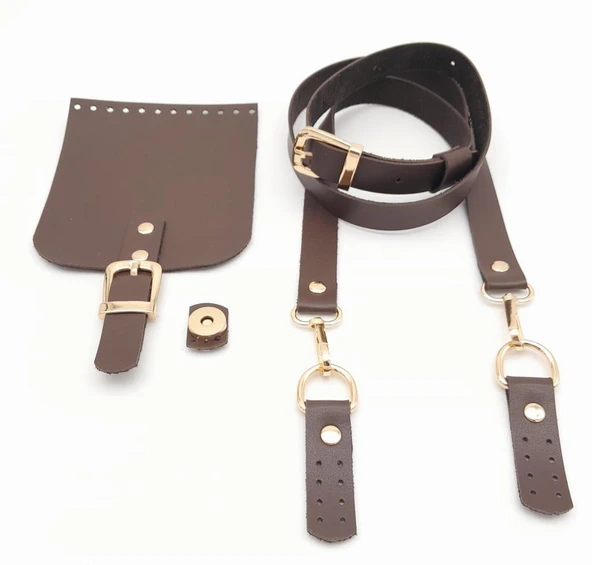 Çanta Aksesuar Kahverengi Tek Kat Suni Deri 130x2 cm Ayarlı Saplı Çanta Seti Light Gold Metalli - Resim 2