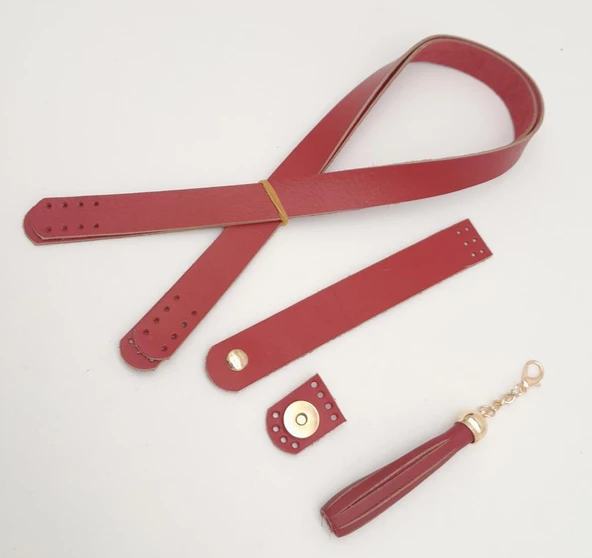 Çanta Aksesuar Kırmızı Gerçek Deri 70x2.3 cm Çift Saplı Püsküllü Çanta Seti Light Gold Metalli - Resim 3