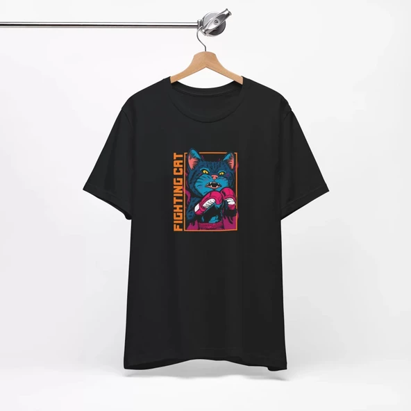 Unisex Boksör Kedi Baskılı Siyah Basic Tshirt