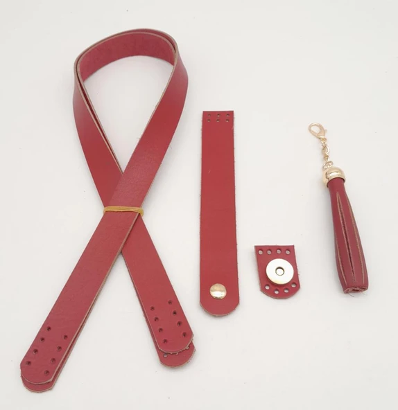 Çanta Aksesuar Kırmızı Gerçek Deri 70x2.3 cm Çift Saplı Püsküllü Çanta Seti Light Gold Metalli - Resim 2