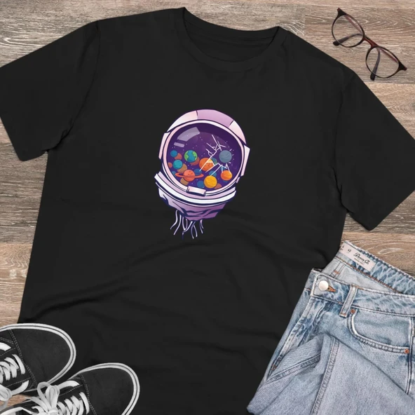 Unisex Astronaut Helmes and Planets Baskılı Siyah Basic Tshirt