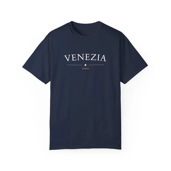 Unisex Venezia Italya Şehir Baskılı Lacivert Basic Tshirt