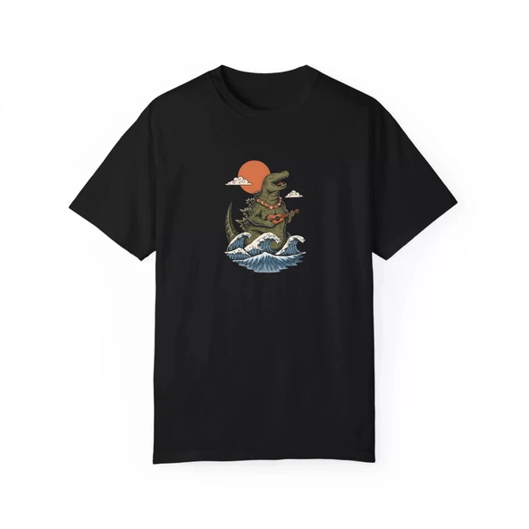 Unisex Kaiju Vacation Baskılı Siyah Basic Tshirt