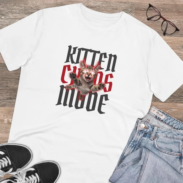 Unisex Kitten Chaos Mode Baskılı Beyaz Basic Tshirt