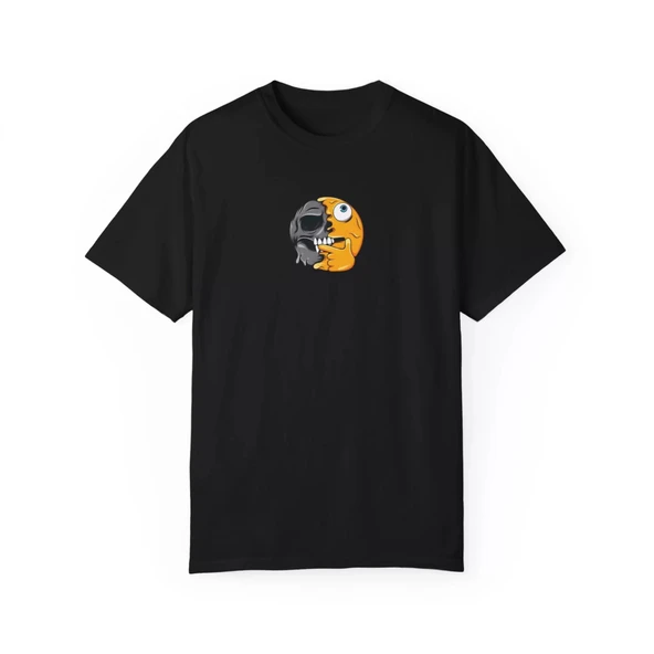 Unisex Düşünceli Surat Zombi Emoji Baskılı Siyah Basic Tshirt