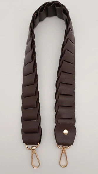Çanta Aksesuar 62 cm Yassı Örgü Model Suni Deri Kahverengi Çanta Sapı Light Gold Metalli