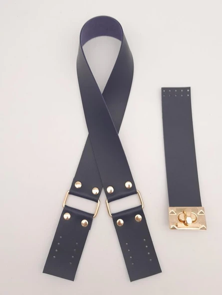 Çanta Aksesuar 70x4 cm Suni Deri Çanta Saplı Kapaklı Lacivert Çanta Seti Light Gold Metalli