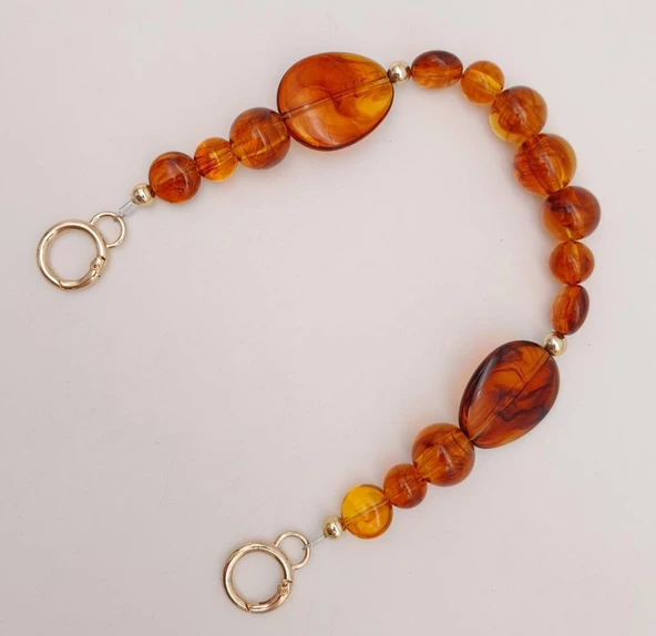 Çanta Aksesuar 38 cm Yaylı Halkalı Kehribar İncili Akrilik Zincir Light Gold Metalli - 2