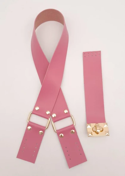 Çanta Aksesuar 70x4 cm Suni Deri Çanta Saplı Kapaklı Fuşya Çanta Seti Light Gold Metalli ürün görseli 1