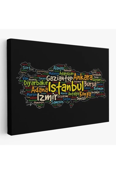 İller İsimli Siyah Zeminli Dekoratif Kanvas Tablo 1005