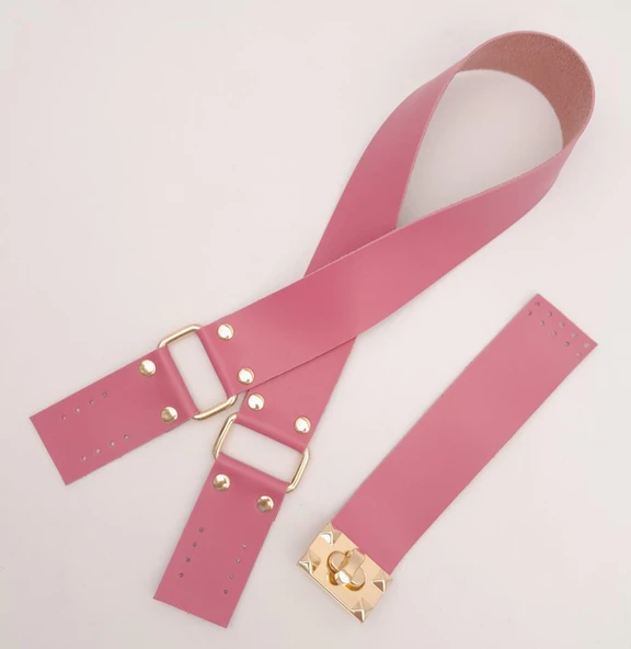 Çanta Aksesuar 70x4 cm Suni Deri Çanta Saplı Kapaklı Fuşya Çanta Seti Light Gold Metalli - Resim 2