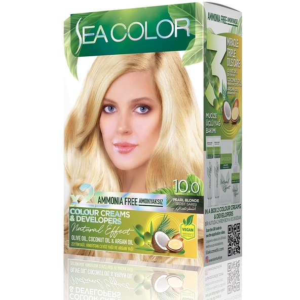 SEA COLOR Amonyaksız, Vegan, Doğal, Besleyici Kalıcı Saç Boyası%100 Beyaz Kapama 1 PAKET 2 x 50 ml Boya OKSİDAN Sedef Sarısı 10,0
