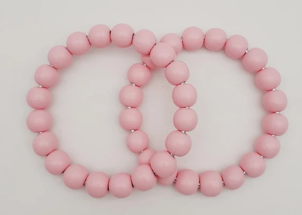 Çanta Aksesuar 13 cm Ahşap Boncuklu Bilezik Model Pembe Renk Çift Sap