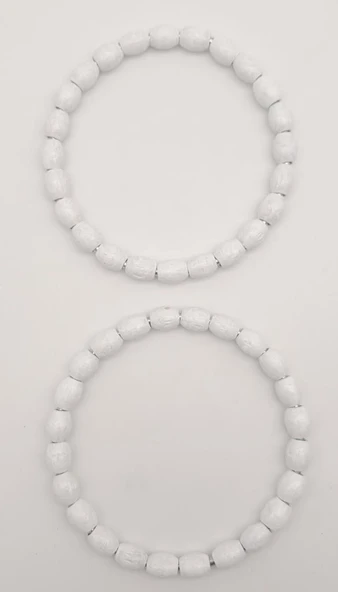 Çanta Aksesuar 12 cm Oval Ahşap Boncuklu Bilezik Model Beyaz Renk Çift Sap - 3
