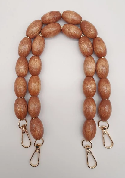 Çanta Aksesuar 40 cm Ahşap Oval Boncuklu Taba Renk Kancalı Çift Sap Light Gold Metalli ürün görseli 1