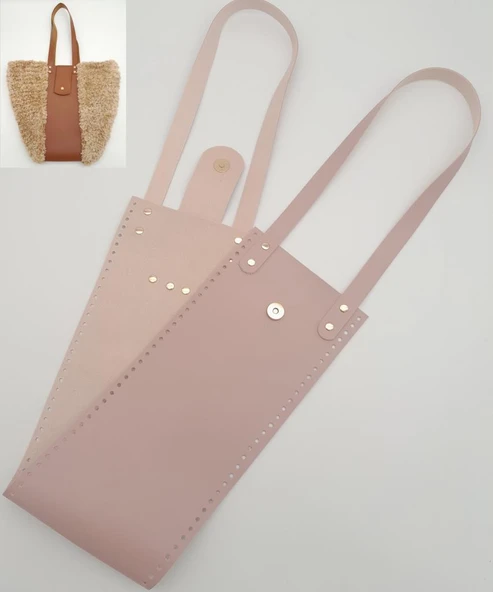 Çanta Aksesuar Suni Deri Kova Model Pudra Renk Çanta Deri Seti Light Gold Metal