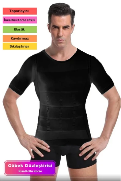 Premium Bel Göğüs Dik Duruş Jinekomasti Toparlayıcı Erkek Göbek Sıkılaştırıcı Kısa Kol Korse Atlet ürün görseli