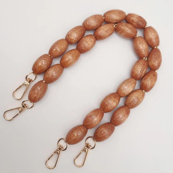 Çanta Aksesuar 40 cm Ahşap Oval Boncuklu Taba Renk Kancalı Çift Sap Light Gold Metalli - Resim 3