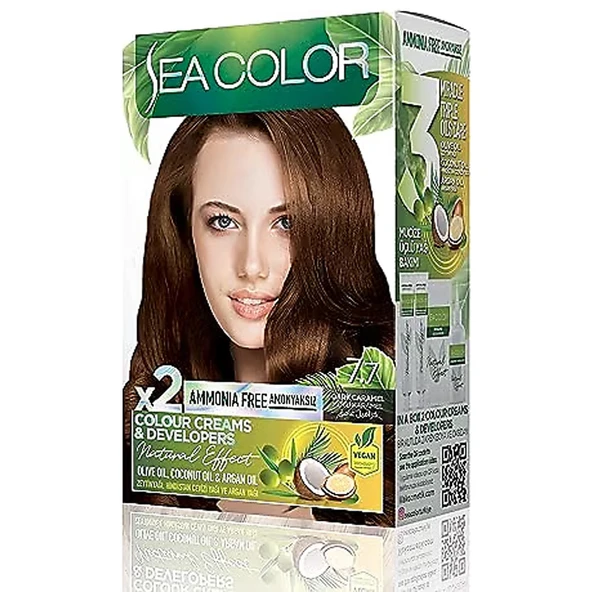 SEA COLOR Amonyaksız, Vegan, Doğal, Besleyici Kalıcı Saç Boyası%100 Beyaz Kapama 1 PAKET 2 x 50 ml Boya OKSİDAN Koyu Karamel 7,7