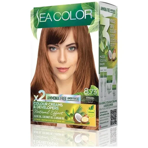 SEA COLOR Amonyaksız, Vegan, Doğal, Besleyici Kalıcı Saç Boyası%100 Beyaz Kapama 1 PAKET 2 x 50 ml Boya OKSİDAN Kramel 8,73