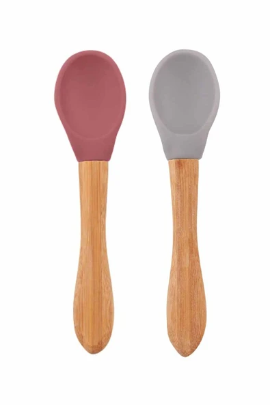 Bambu Saplı Silikon Mama Kaşığı 2li Velvet Rose / Powder Grey
