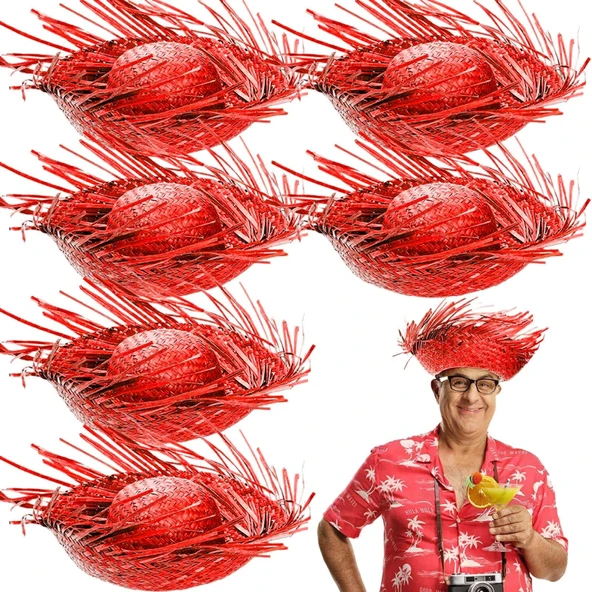 Tropikal Parti Kırmızı Hasır Hawaii Şapkası 13x36 Cm - 2