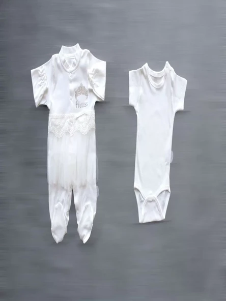 Taçlı Prensesim Nakışlı %100 Cotton Antibakteriyel 10lu Zıbın Takımı Hastane Çıkışı Ekru - 4