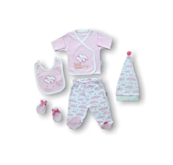 Uykucu Bulut Nakışlı %100 Cotton Antibakteriyel 5li Zıbın Takımı Hastane Çıkışı Pembe - 2