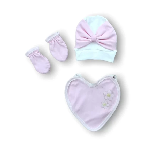Baharın Çiçekli Kalbi Nakışlı %100 Cotton Antibakteriyel 5li Zıbın Takımı Hastane Çıkışı Pembe - 5
