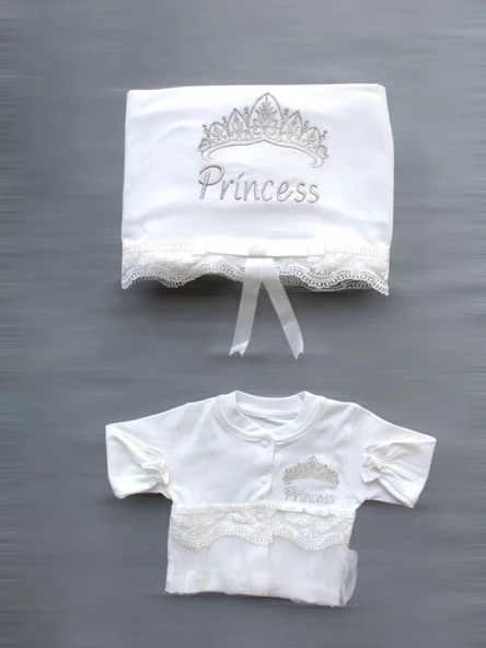 Taçlı Prensesim Nakışlı %100 Cotton Antibakteriyel 10lu Zıbın Takımı Hastane Çıkışı Ekru - 6