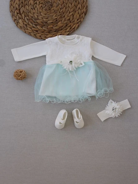 Tül Etekli Kurdelalı Taş Detaylı Kız Bebek Hediyelik, Mevlütlük, Kınalık 3lü Takım Turkuaz - Resim 6