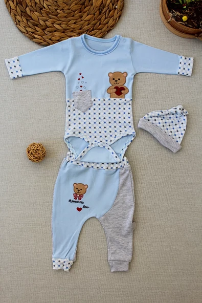 Romantik Aayıcık Nakışlı Şapkalı Uzun Kollu Zıbınlı 3lü Kız-erkek Bebek Takımı Mavi