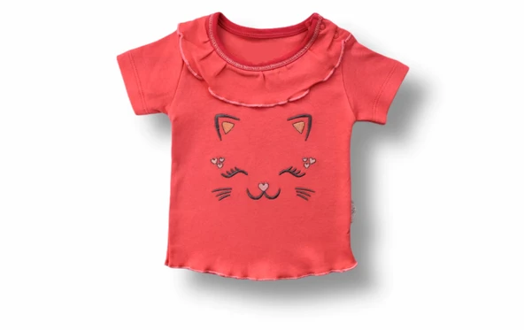 Vip Kedi Baskılı Bandanalı Kısa Kollu Sweat 3lü Kız Bebek Takımı Nar Çiçeği - Resim 4