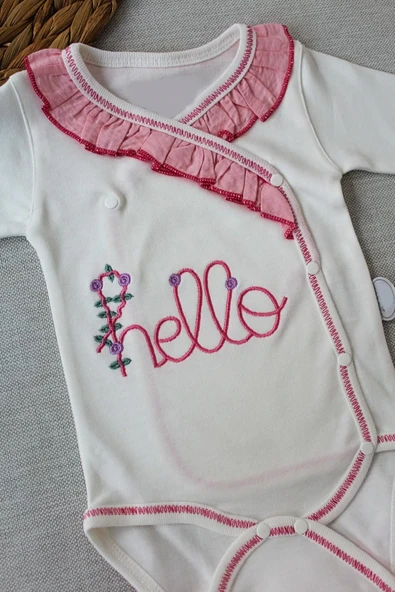 Hello Nakışlı Kruvaze Bandanalı Uzun Kollu Zıbınlı 3lü Kız Bebek Takımı Pembe - Resim 4