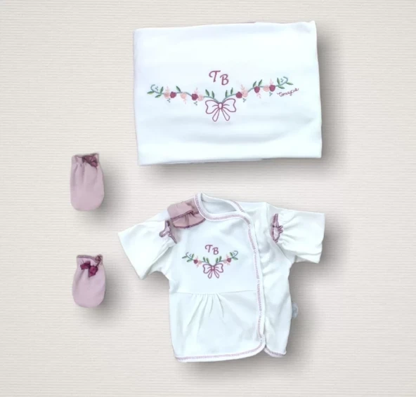 Bahar Çiçekleri Nakışlı %100 Cotton Antibakteriyel 10lu Zıbın Takımı Hastane Çıkışı Gül Kurusu - Resim 4