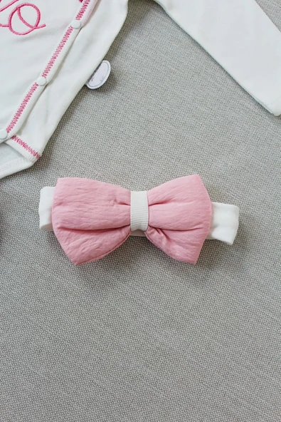 Hello Nakışlı Kruvaze Bandanalı Uzun Kollu Zıbınlı 3lü Kız Bebek Takımı Pembe - Resim 6