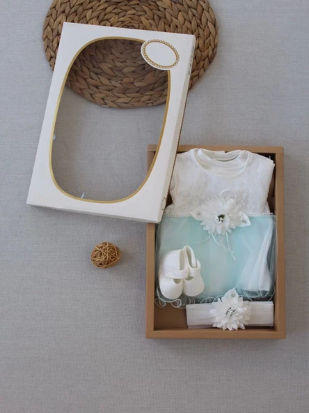 Tül Etekli Kurdelalı Taş Detaylı Kız Bebek Hediyelik, Mevlütlük, Kınalık 3lü Takım Turkuaz - Resim 3