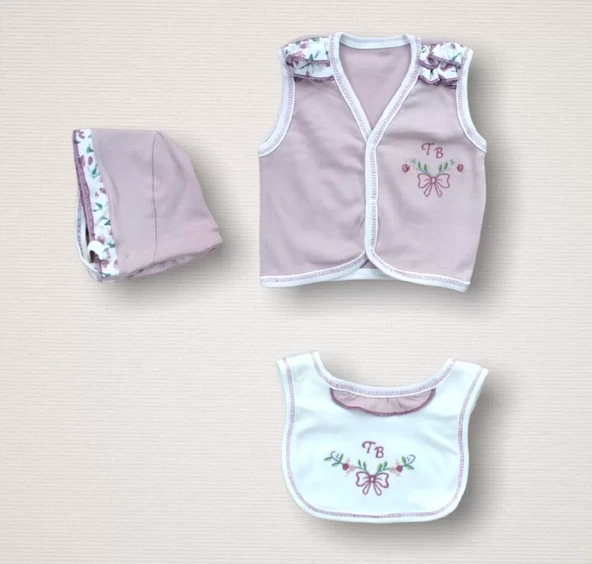 Bahar Çiçekleri Nakışlı %100 Cotton Antibakteriyel 10lu Zıbın Takımı Hastane Çıkışı Gül Kurusu - Resim 6