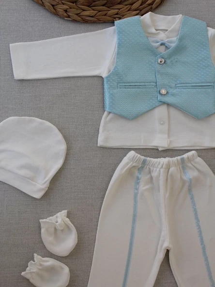Yelekli Papyon Smokin Erkek Bebek Hediyelik, Mevlütlük, Sünnetlik 5 Parça Takım Mavi - Resim 5